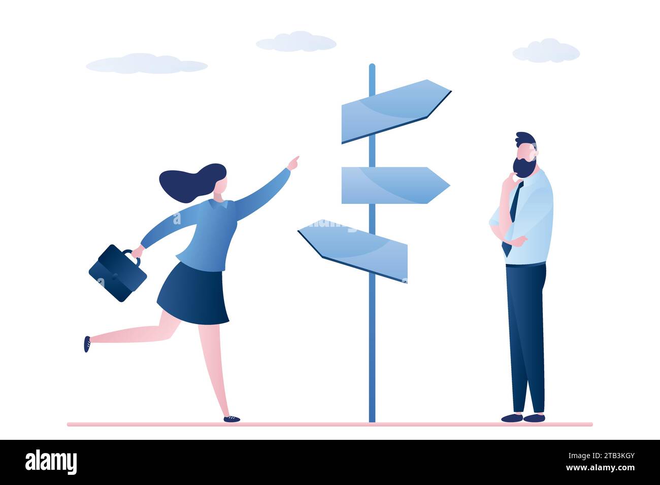 Businesspeople decide what way to choose. Cartoon characters making important decision and choice. Humans near crossroad pointer with several ways dir Stock Vector