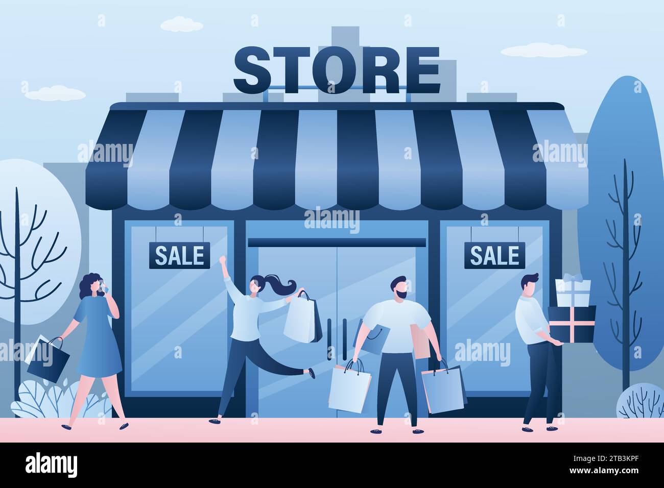 Store building with shop windows. Happy shoppers with shopping bags and gifts. Various customers near storefront. Supermarket Sale concept. Trendy sty Stock Vector