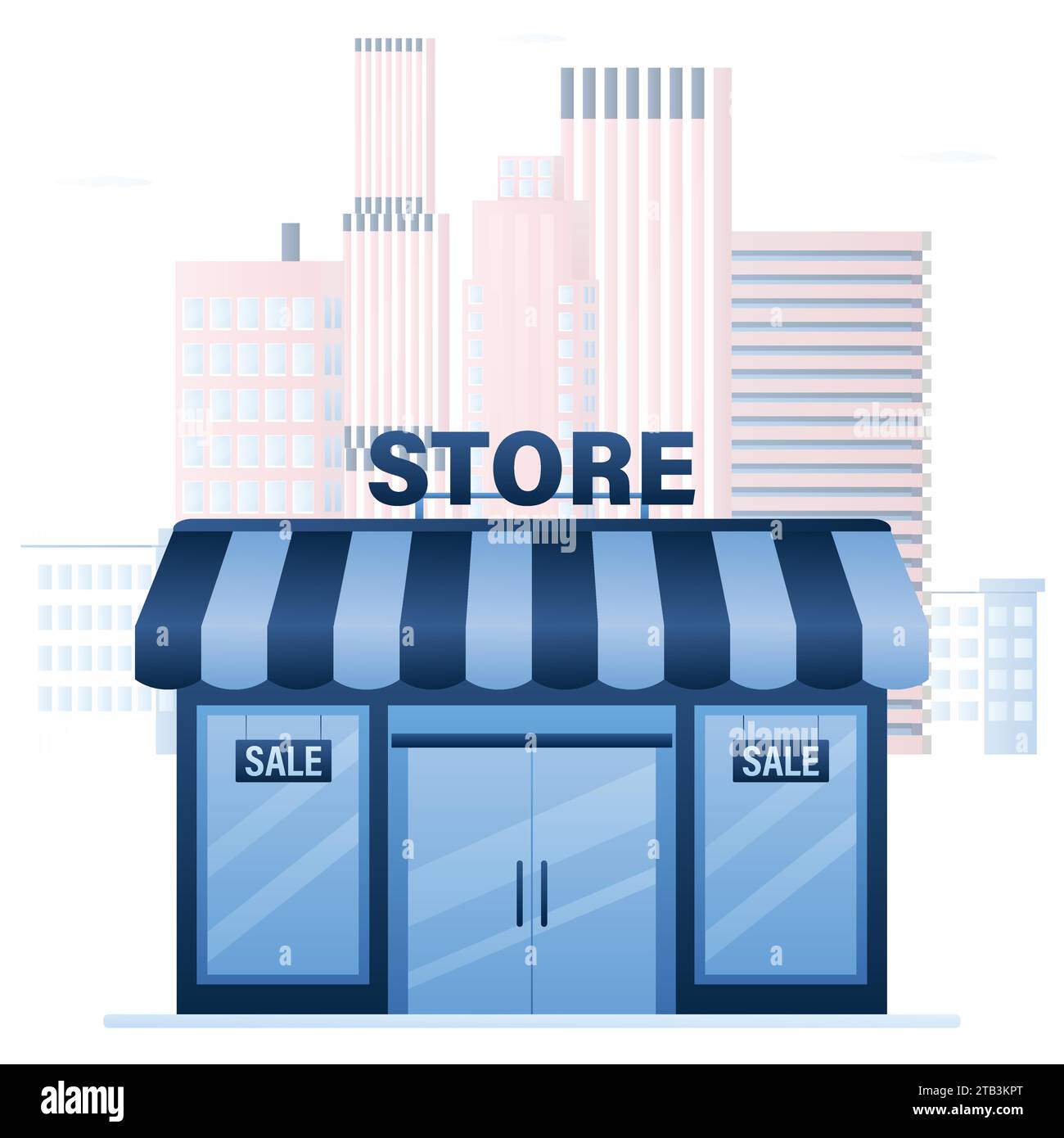 Modern shop building. Sale signs in showcase. Storefront template in trendy blue style. Urban view on background. Vector illustration Stock Vector