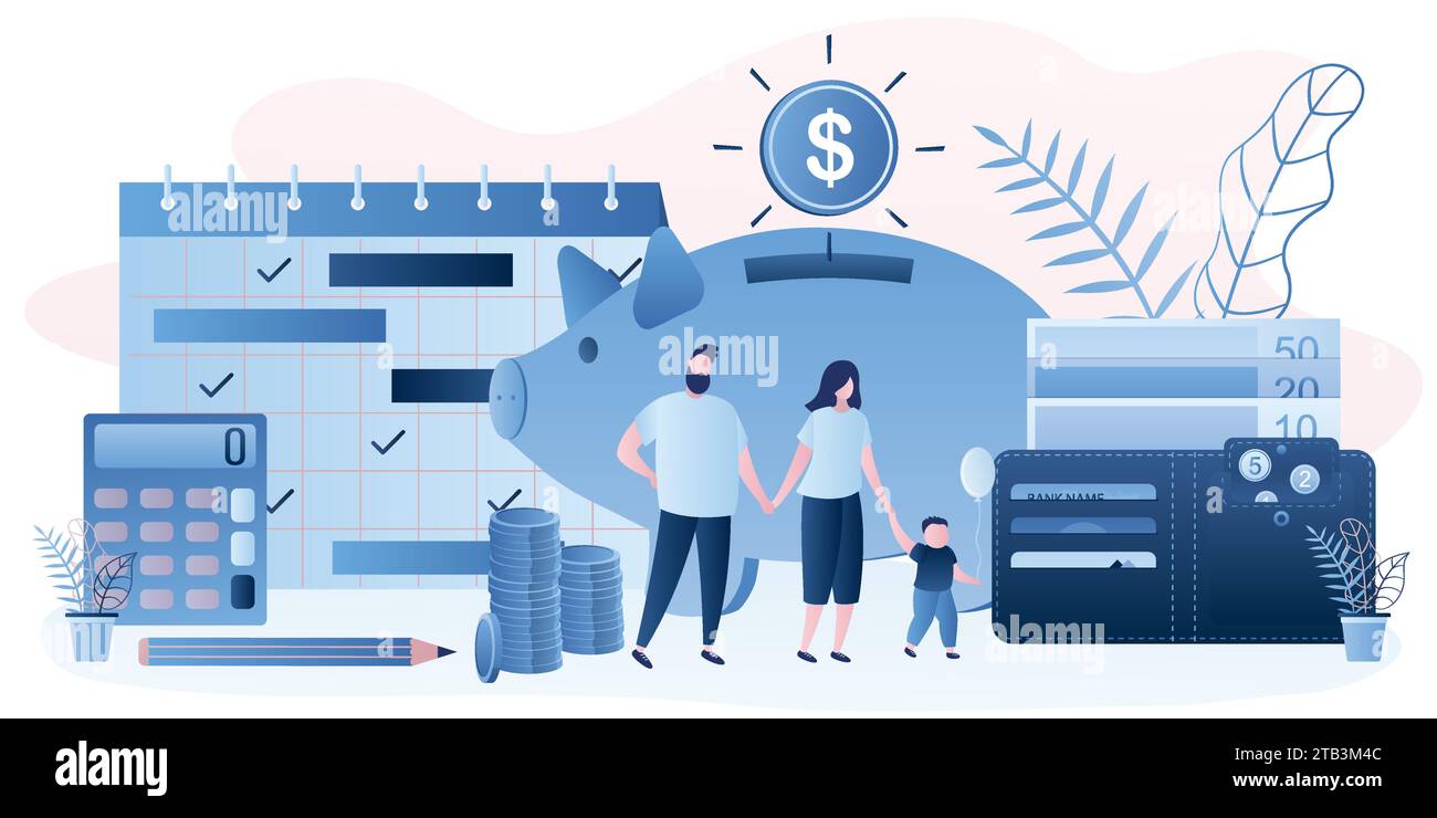 Family budget concept. Parents with kid. Money management. Wallet with banknotes and coins. Monthly planner,calculator and piggy bank. Retirement savi Stock Vector