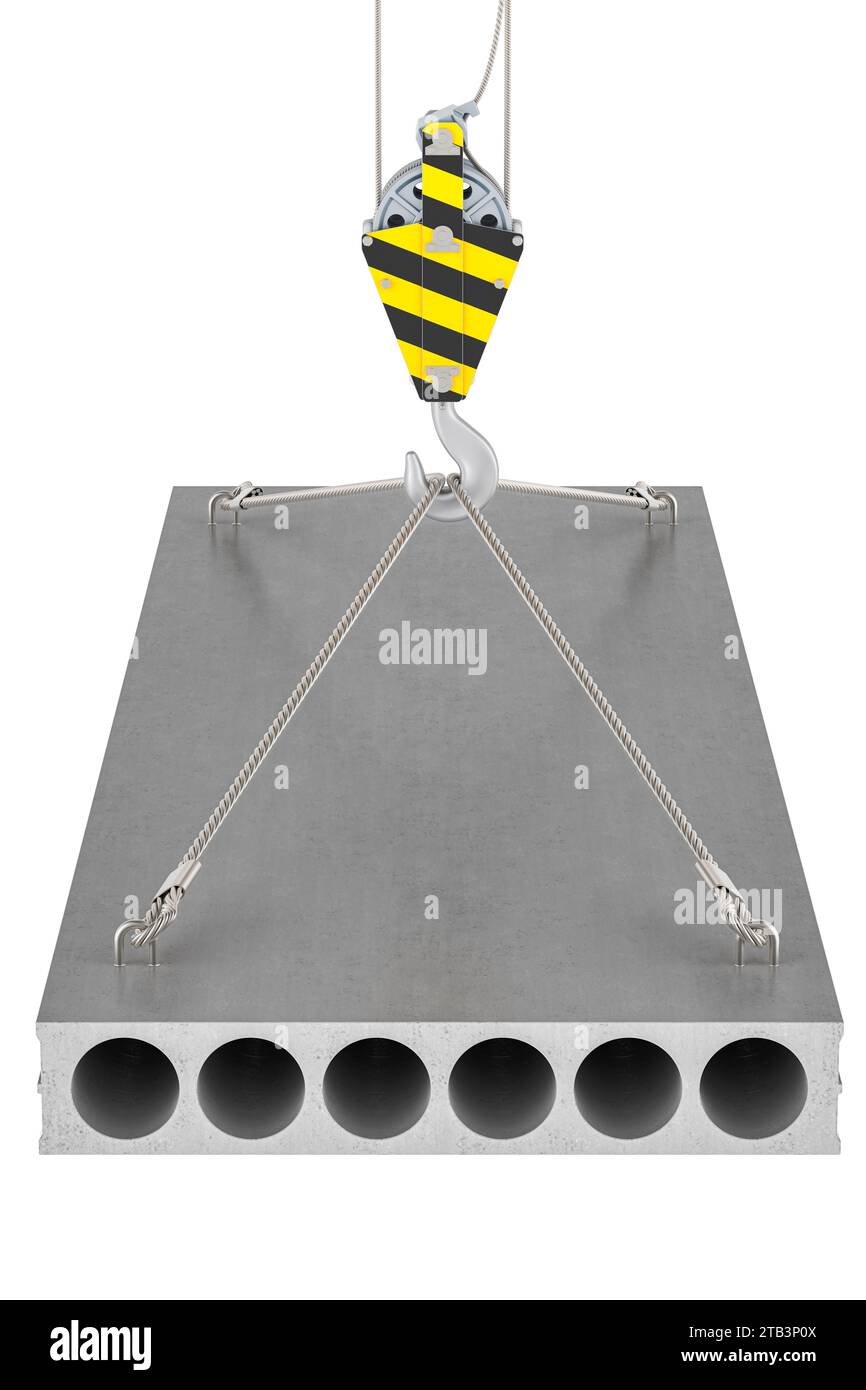 Crane Hook with Concrete Slab. 3D rendering isolated on white