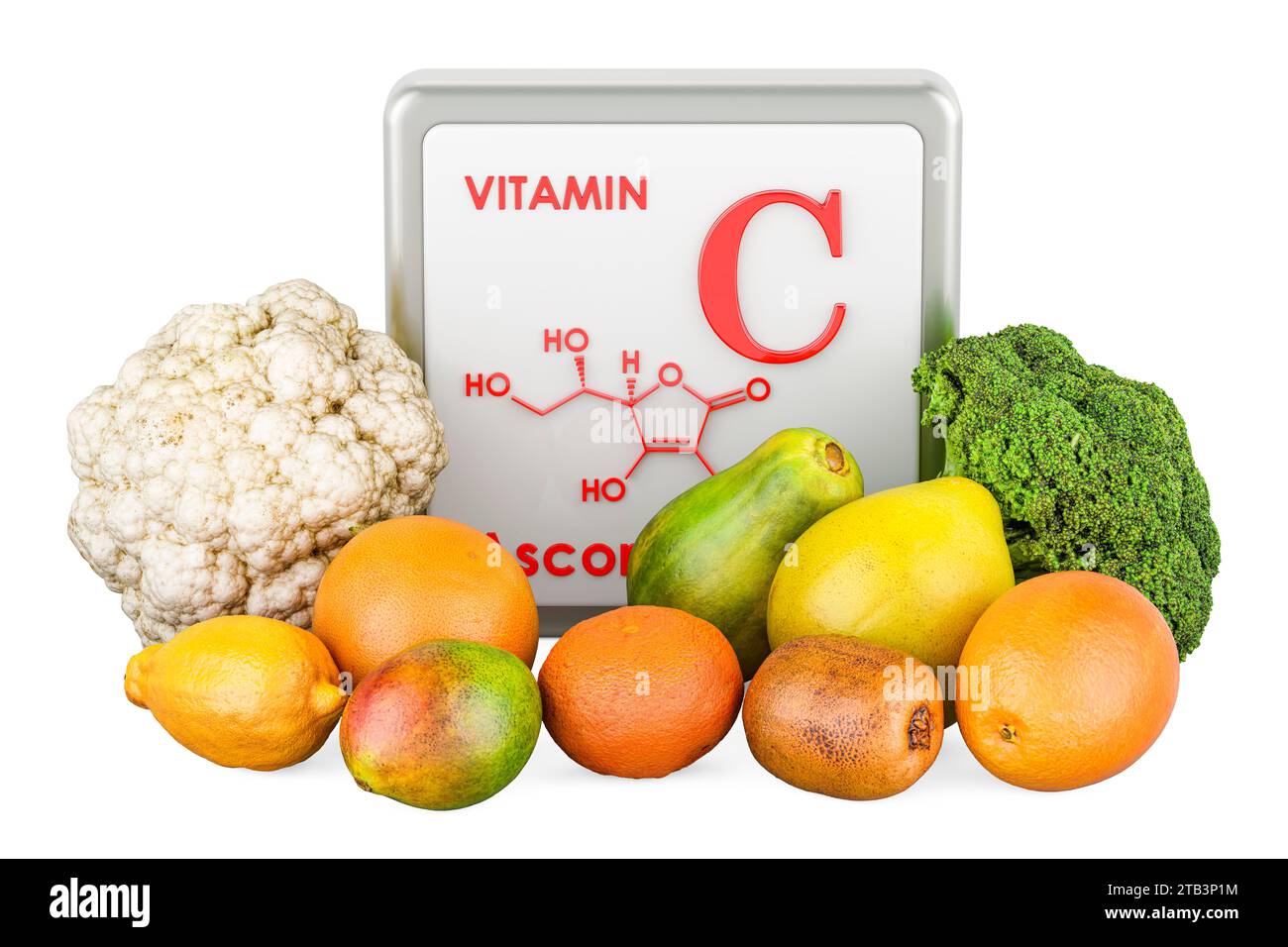 Products containing Vitamin C, Ascorbic Acid. 3D rendering isolated on white background Stock