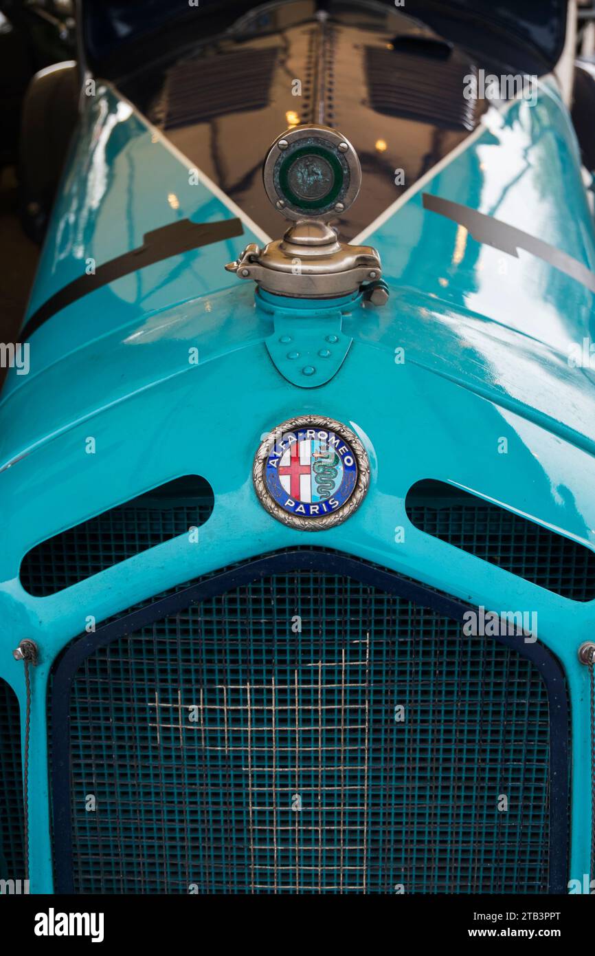The 1931 blue Alfa Romeo 8C 2600 Monza of Ellie Mann, driven by Christopher Mann at the 80th Members' Meeting, Goodwood Motor Racing Circuit, UK Stock Photo