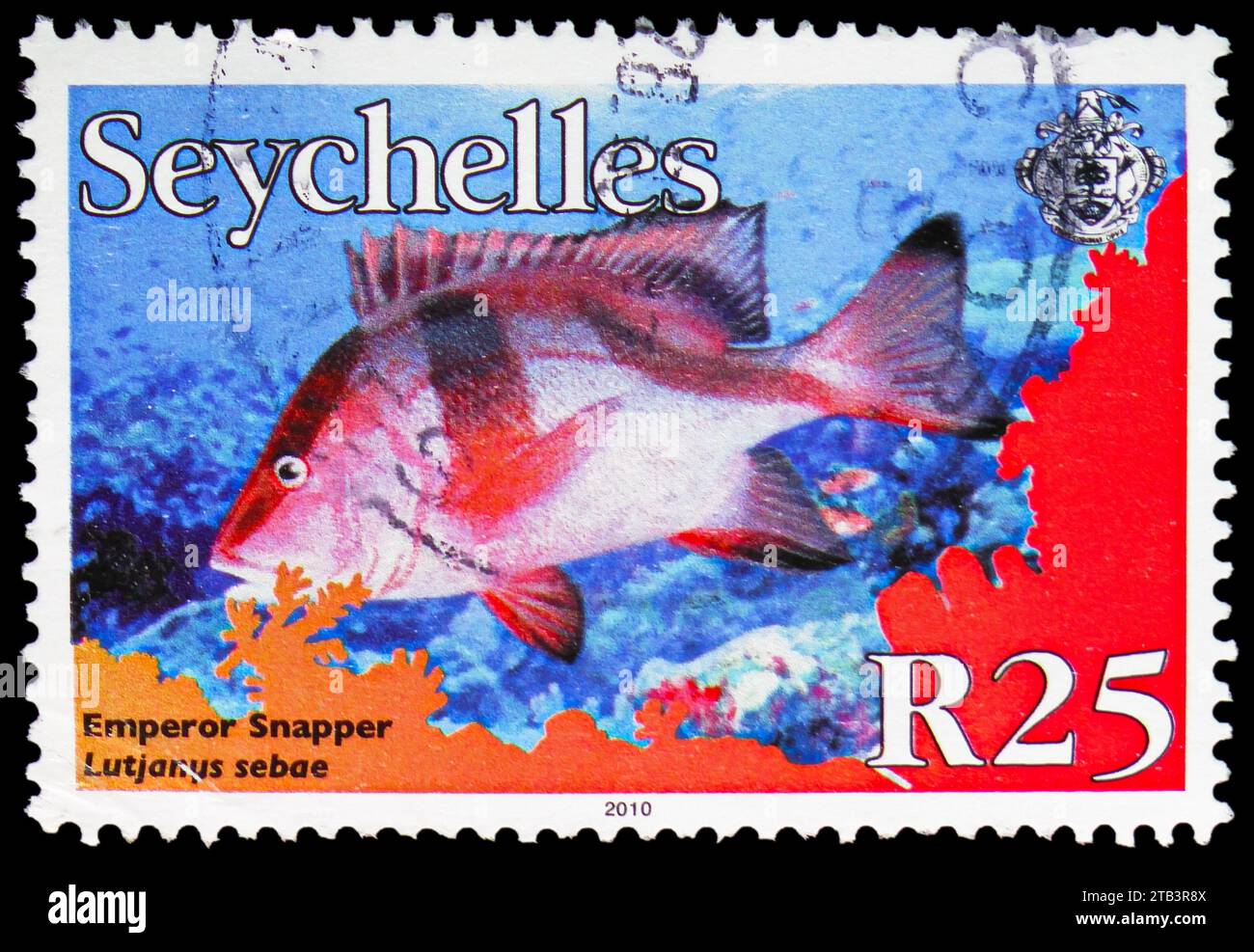 MOSCOW, RUSSIA - NOVEMBER 17, 2023: Postage stamp printed in Seychelles shows Emperor Snapper (Lutjanus sebae), Fish Definitives II serie, circa 2005 Stock Photo