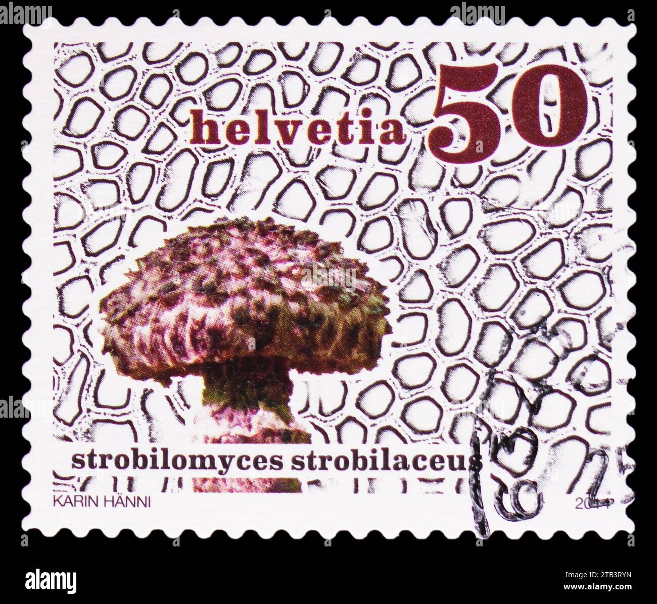 MOSCOW, RUSSIA - NOVEMBER 17, 2023: Postage stamp printed in Switzerland shows Strobilomyces strobilaceus, Mushrooms serie, circa 2014 Stock Photo