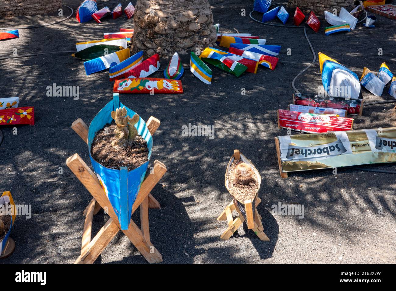 Arrecife, Lanzarote, Canary Islands, Spain - April 24, 2023: Jolateros are small boats made by hand from cans and recycled drums. It is a typical Lanz Stock Photo