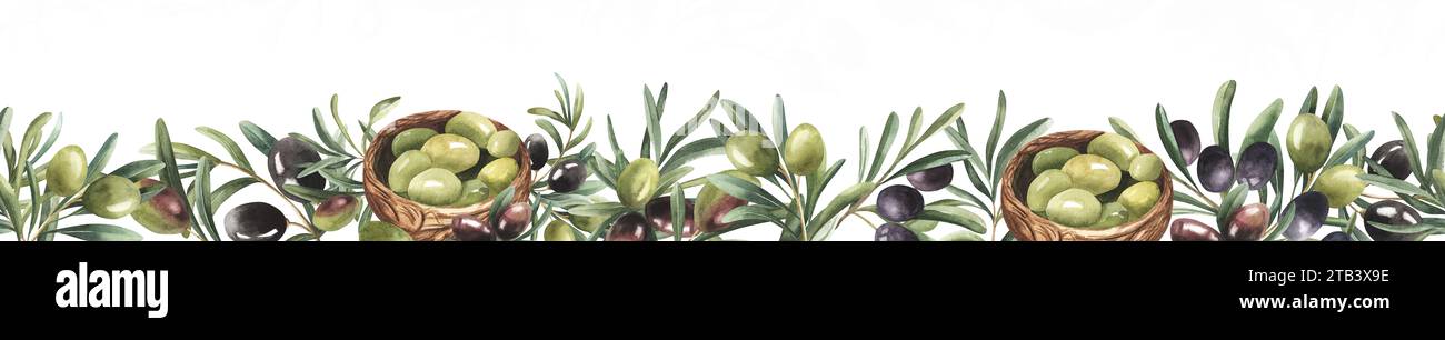Watercolor seamless border with olive fruits ,wooden bowl and leaves ...