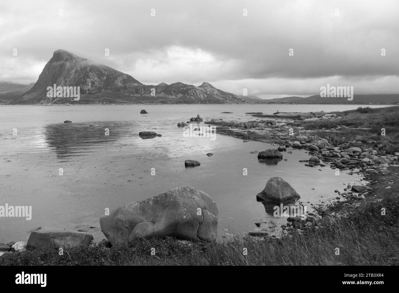 Black and white image of Storsandnes Beach, Flakstadoy, Lofoten Islands, Norway Stock Photo