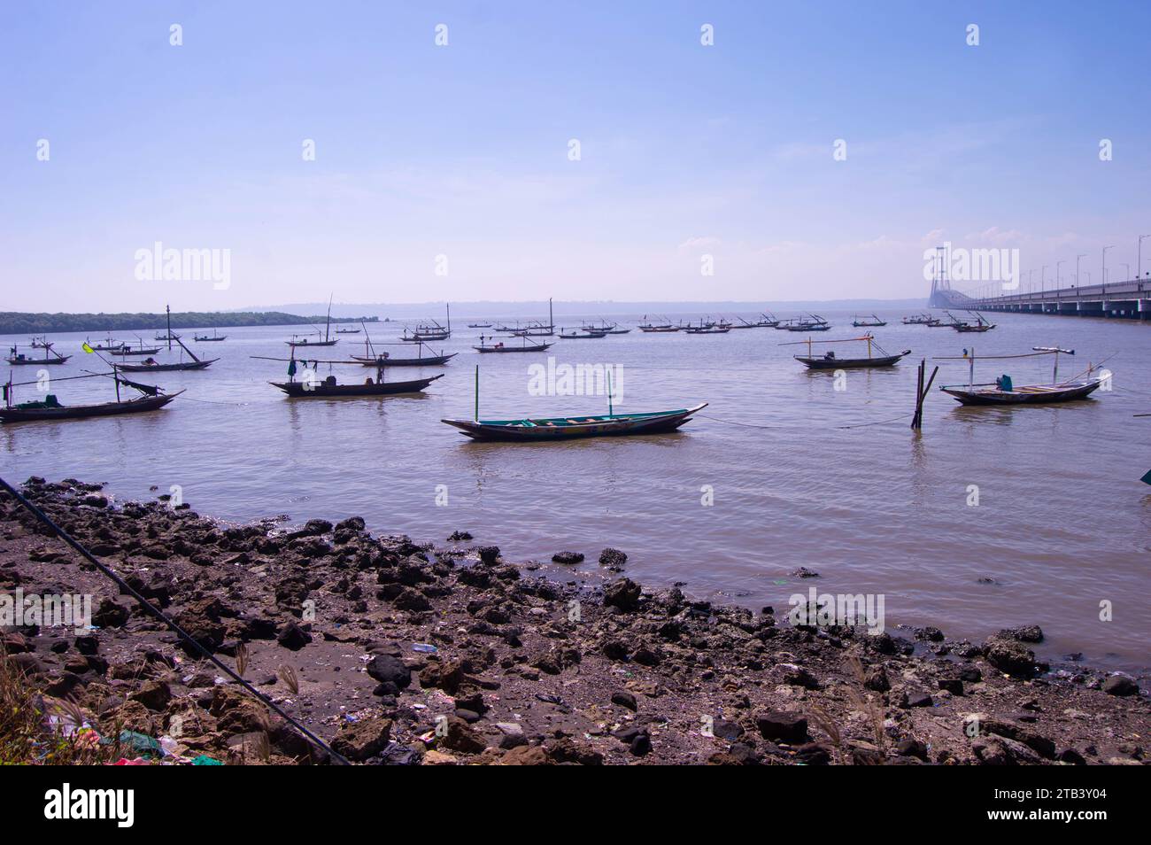 sea view with fishing boats docked Stock Photo