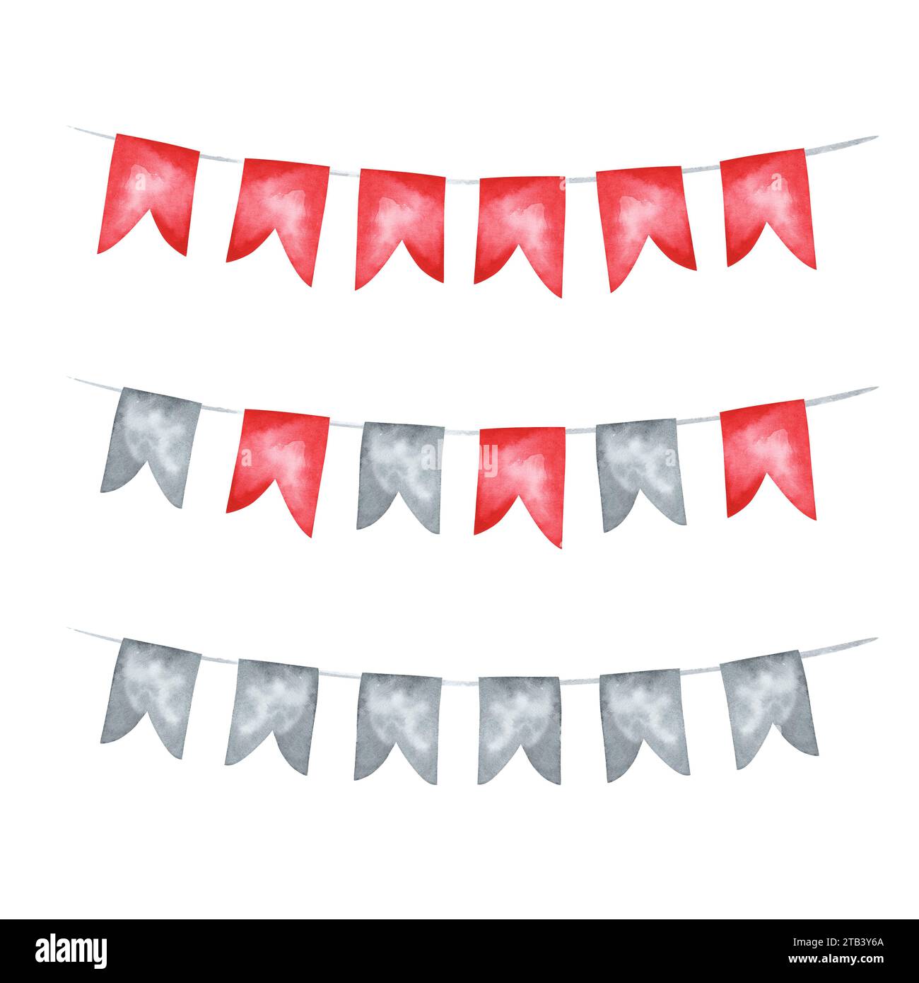 Watercolor illustration collection of red and grey flag buntings set . Hand painted sketchy drawing on white background, cut out clip art elements for Stock Photo