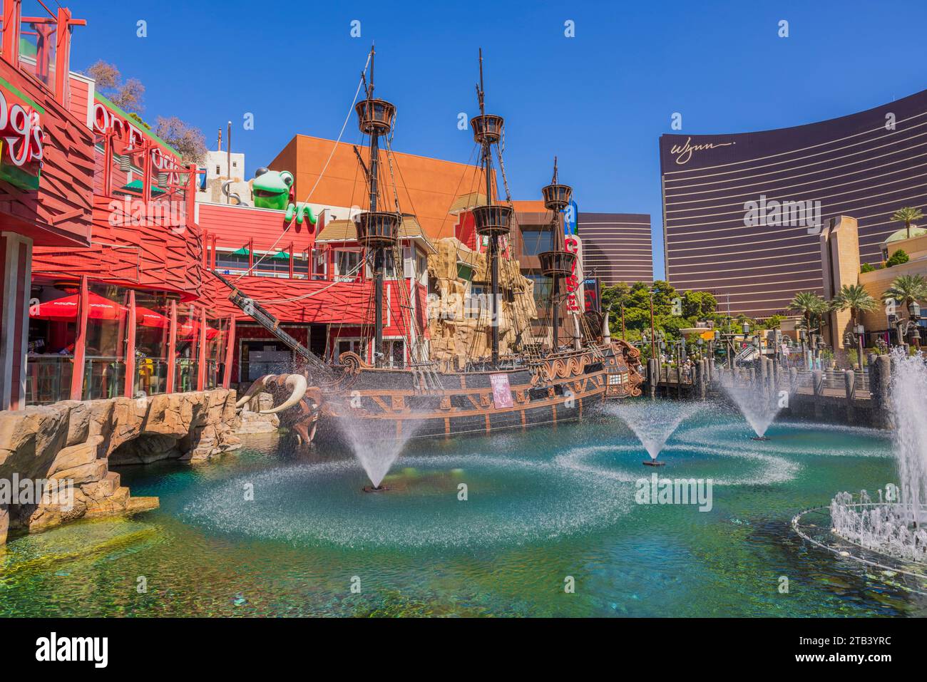 Beautiful view of Treasure Island Hotel Casino with fountains and pirate ship on Las Vegas Strip. USA. Stock Photo