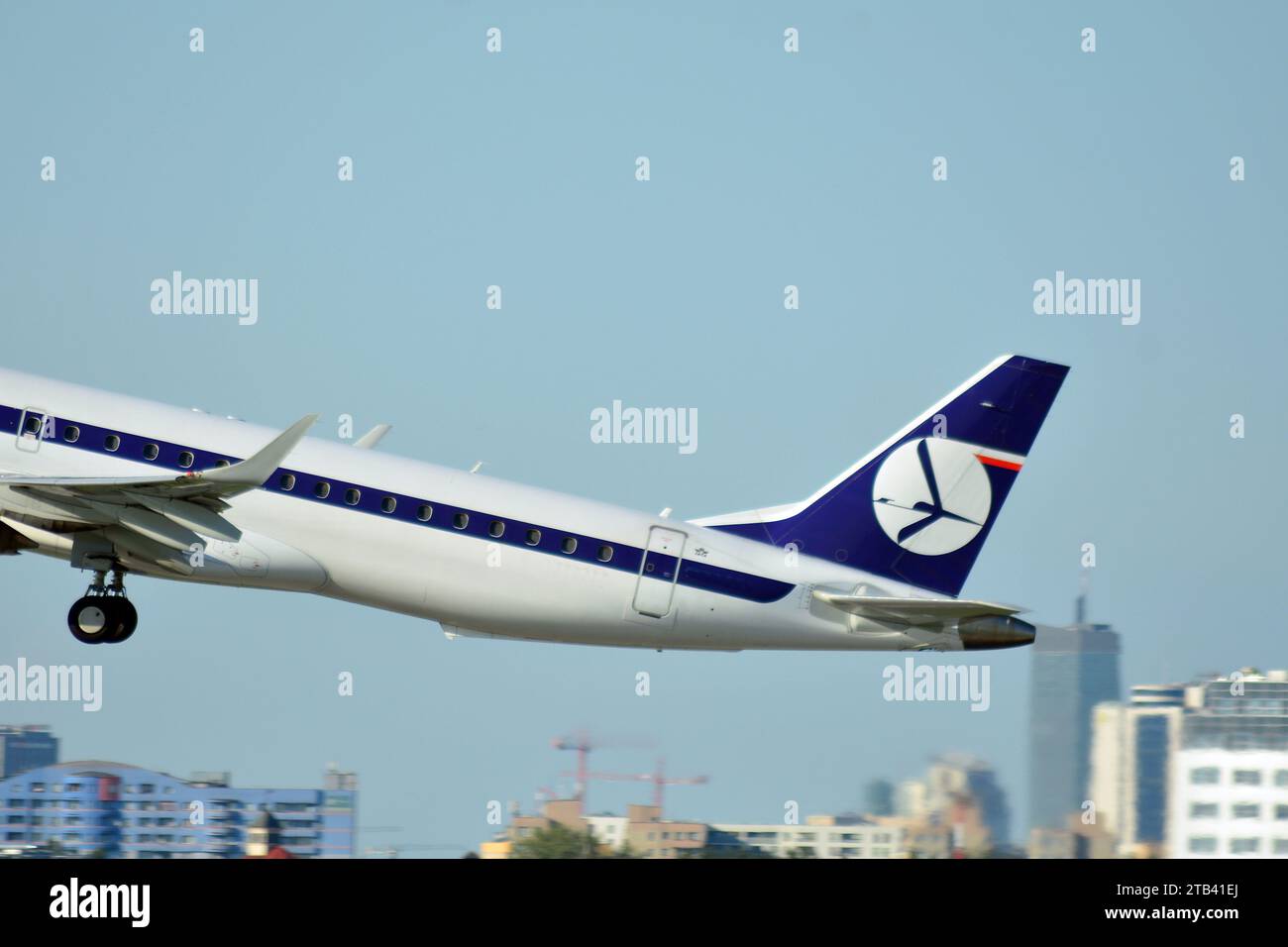 Warsaw Poland. July 6, 2018. The plane takes off from the runway of the Warsaw airport Stock Photo