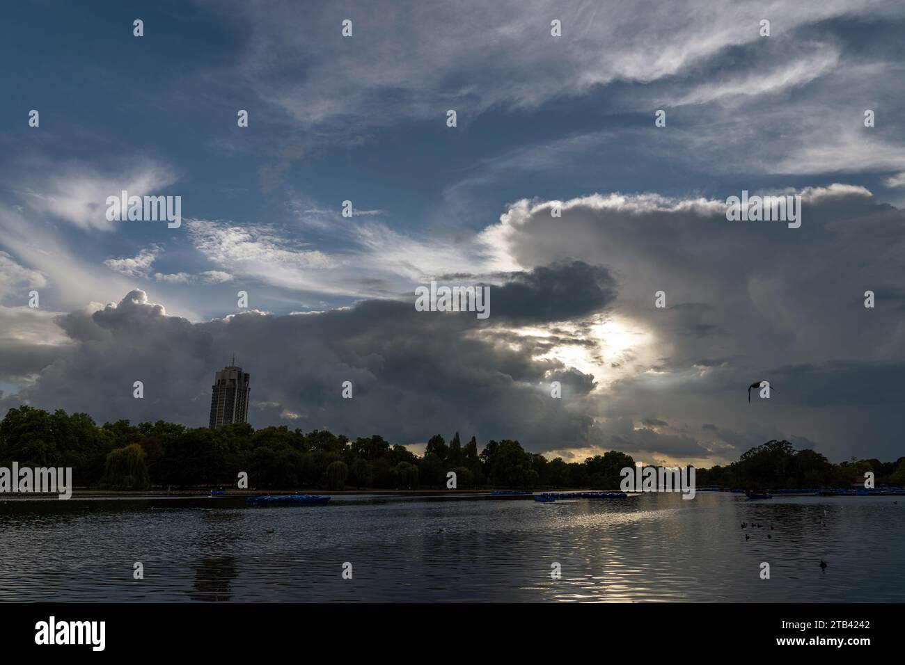 Dark clouds over the lake, background, landscape Stock Photo