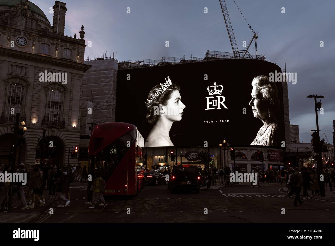 London after the death of Queen Elizabeth II, Piccadilly Circus billboard with the portrait of the Queen Stock Photo