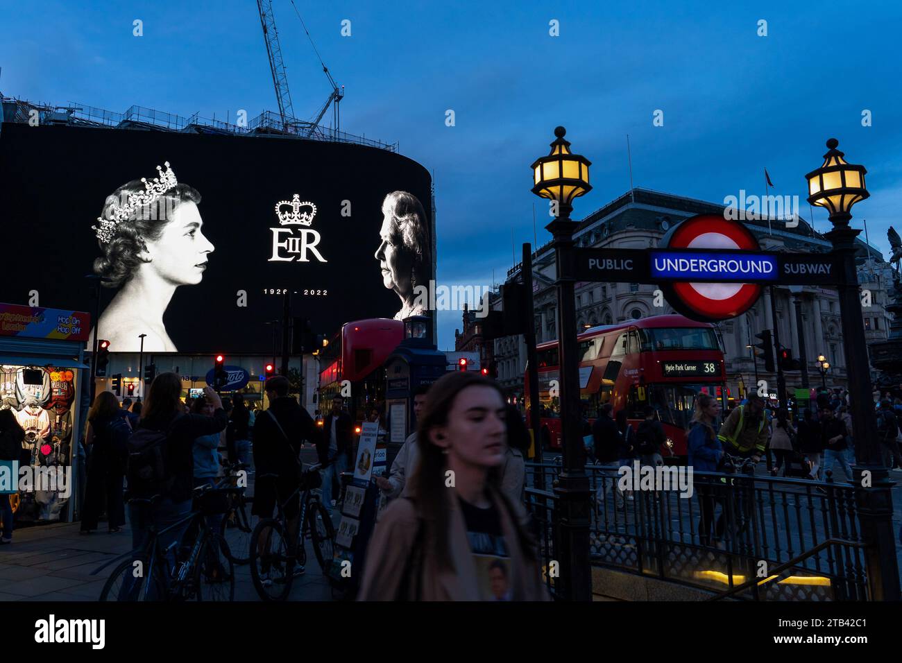London after the death of Queen Elizabeth II, Piccadilly Circus billboard with the portrait of the Queen Stock Photo