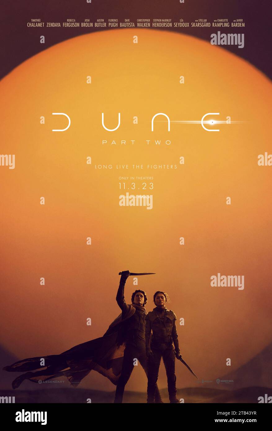 Dune: Part Two (2024) directed by Denis Villeneuve and starring Zendaya, Florence Pugh, Rebecca Ferguson and Timothée Chalamet. Part 2 of the adaptation of Frank Herbert's sci-fi masterpiece. Paul Atreides unites with Chani and the Fremen while seeking revenge against the conspirators who destroyed his family. US one sheet poster ***EDITORIAL USE ONLY***. Credit: BFA / Warner Bros Stock Photo