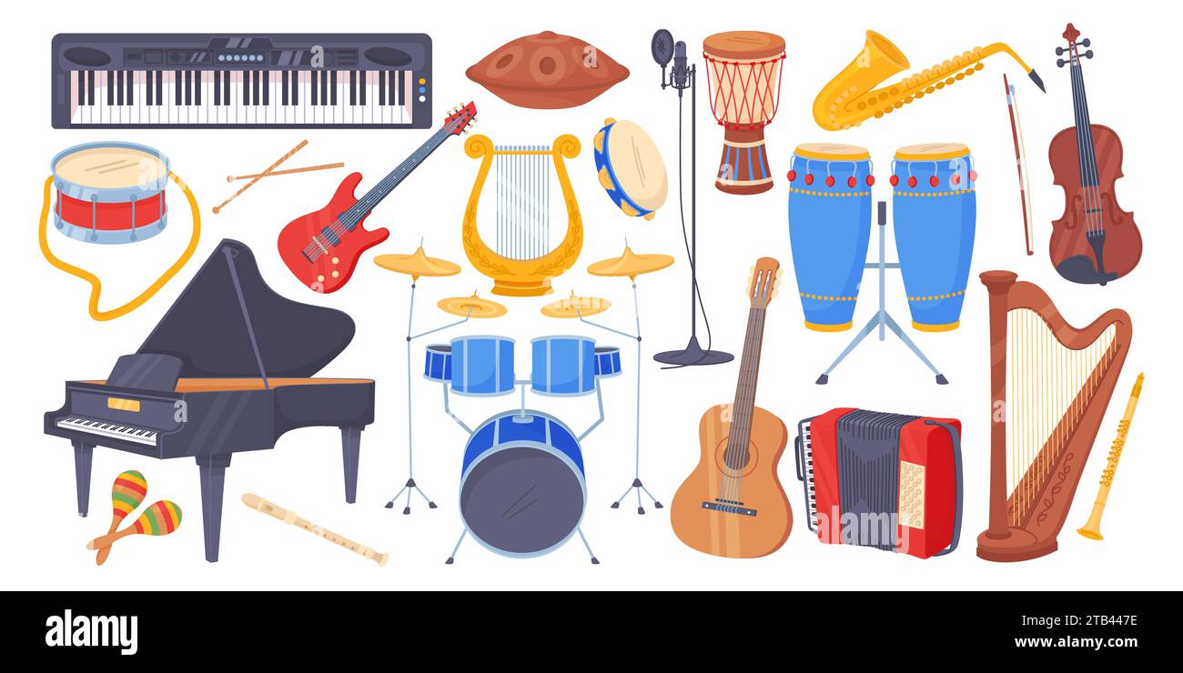 Cartoon musical acoustic instruments. Electric and brass guitars. Jazz saxophone. Strings and percussion. Grand piano and maracas. Orchestra concert Stock Vector