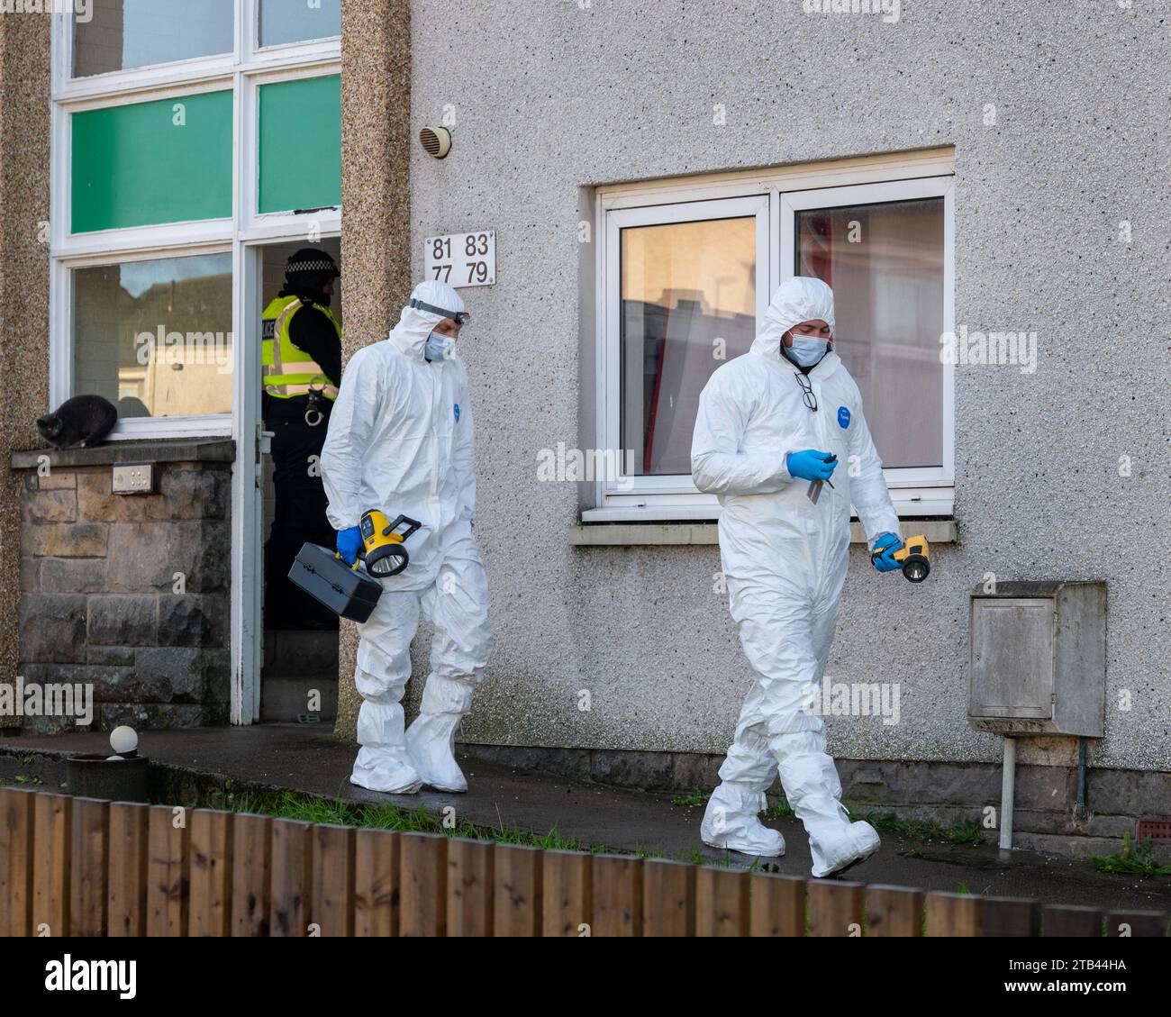 30 November 2023. Elgin, Moray, Scotland. This is Police Forensics Officers departing from a Murder scene in Elgin,Moray,Scotland Stock Photo