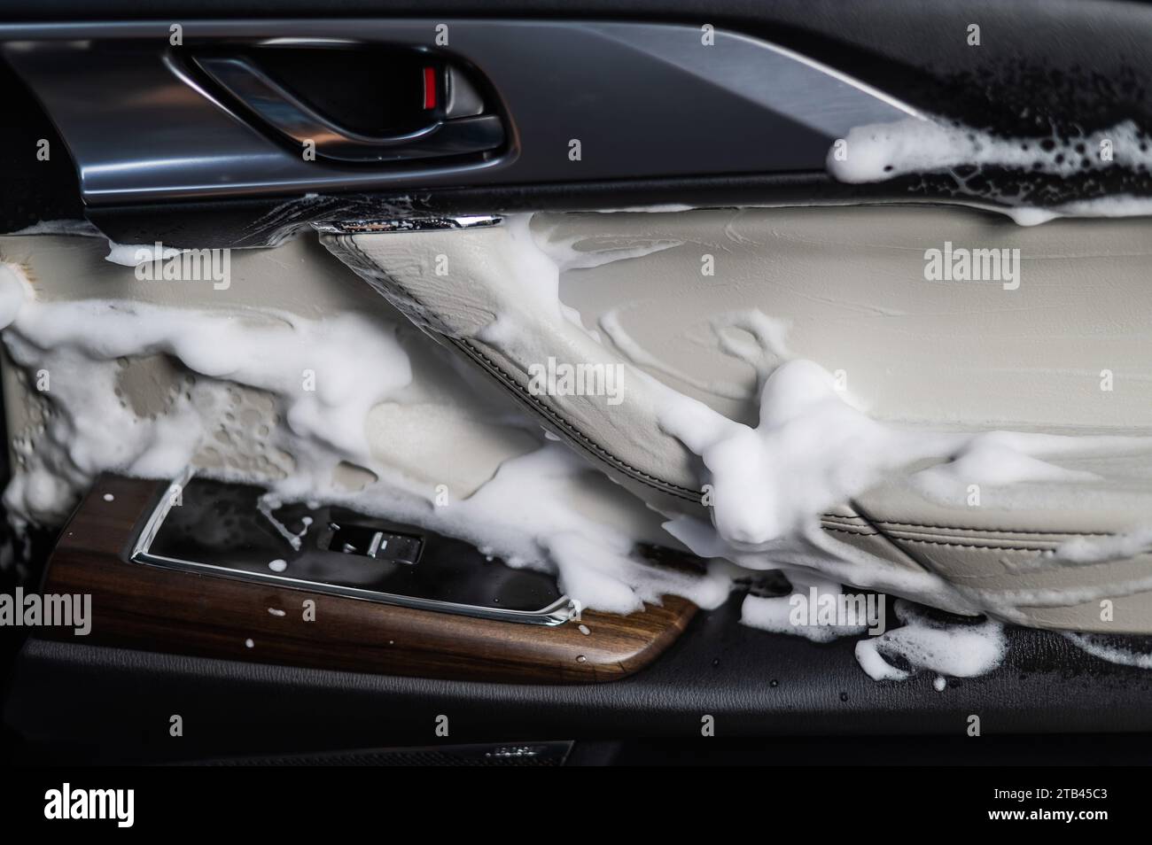 Car door trim in cleaning foam Stock Photo Alamy