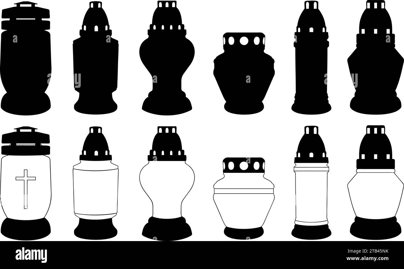 Collection of different cemetery memorial candles isolated on white
