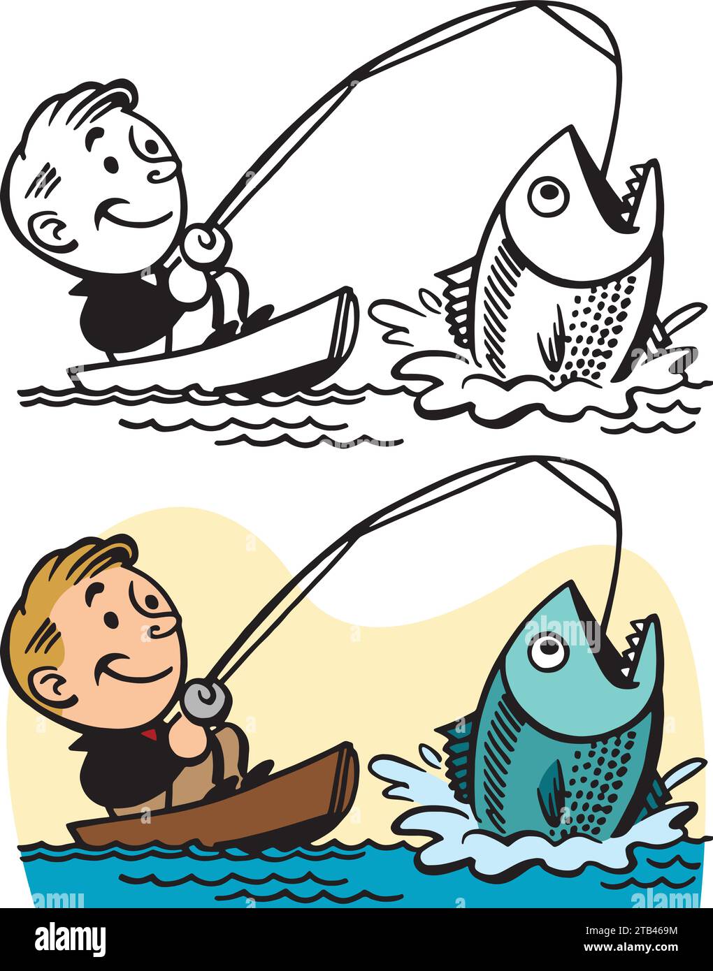 A vintage retro cartoon of a man in a boat catching a large fish with his  fishing rod Stock Vector Image & Art - Alamy