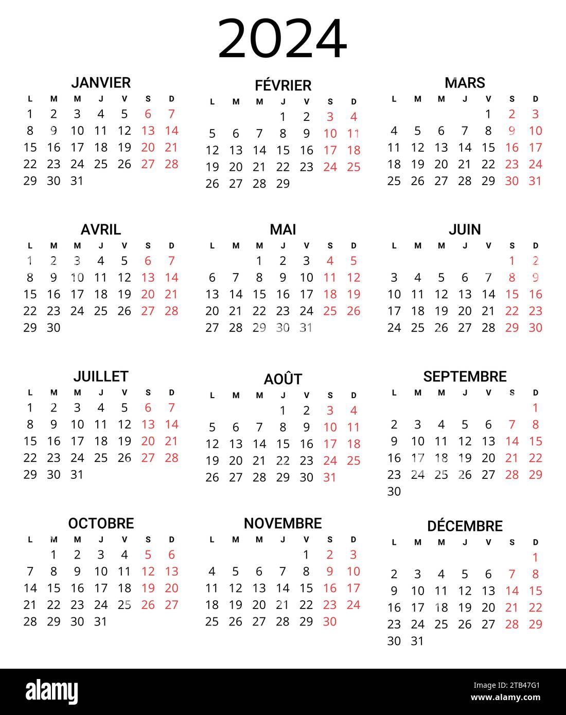 2024 french calendar. Printable, editable vector illustration for