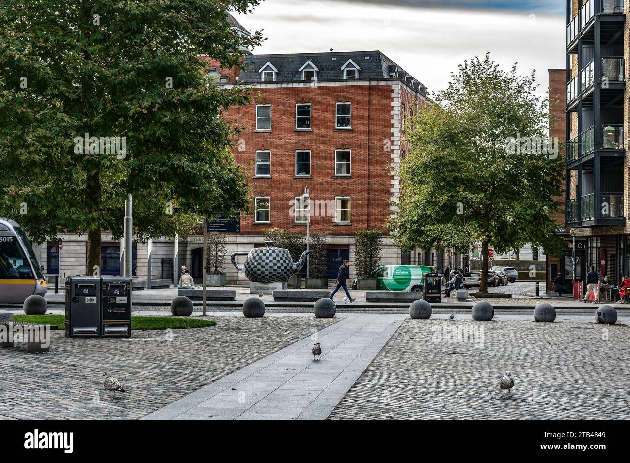 Giant chequered teapot sculpture at Smithfield Square. Dublin, Ireland