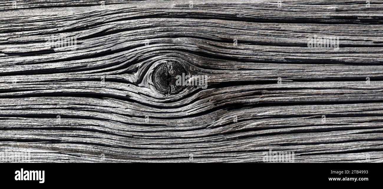 Old weathered wooden plank with knothole on a wooden wall, Upper Austria, Austria Stock Photo