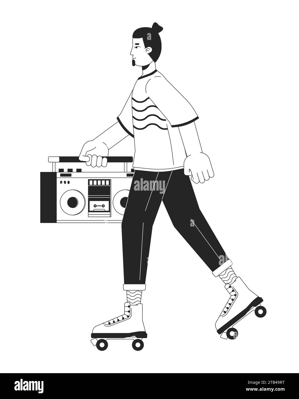 Rollerblading with boom box black and white cartoon flat illustration