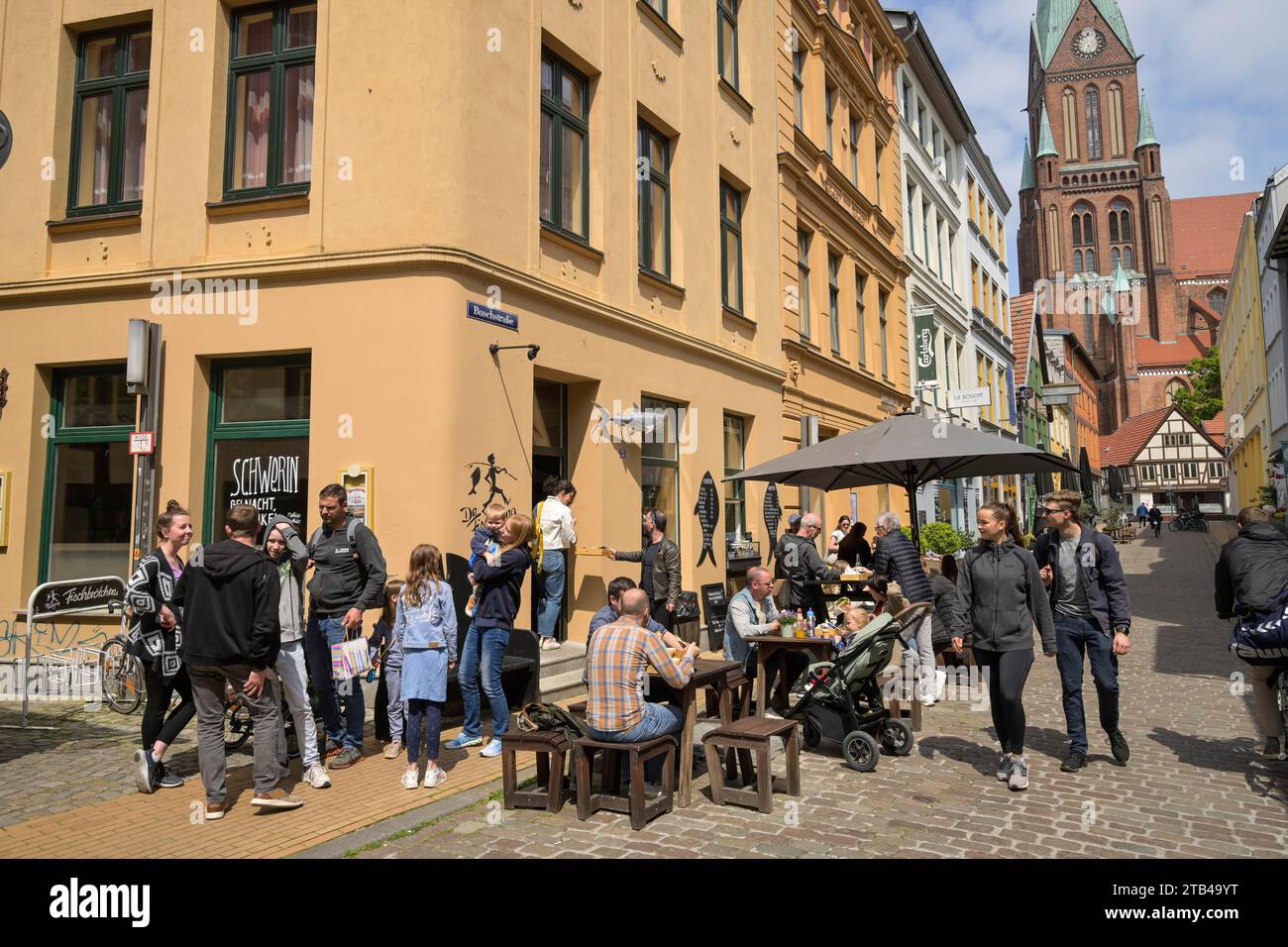 Street cafe, street scene, Buschstrasse, old buildings, old town, Schwerin, Mecklenburg-Vorpommern, Germany Stock Photo