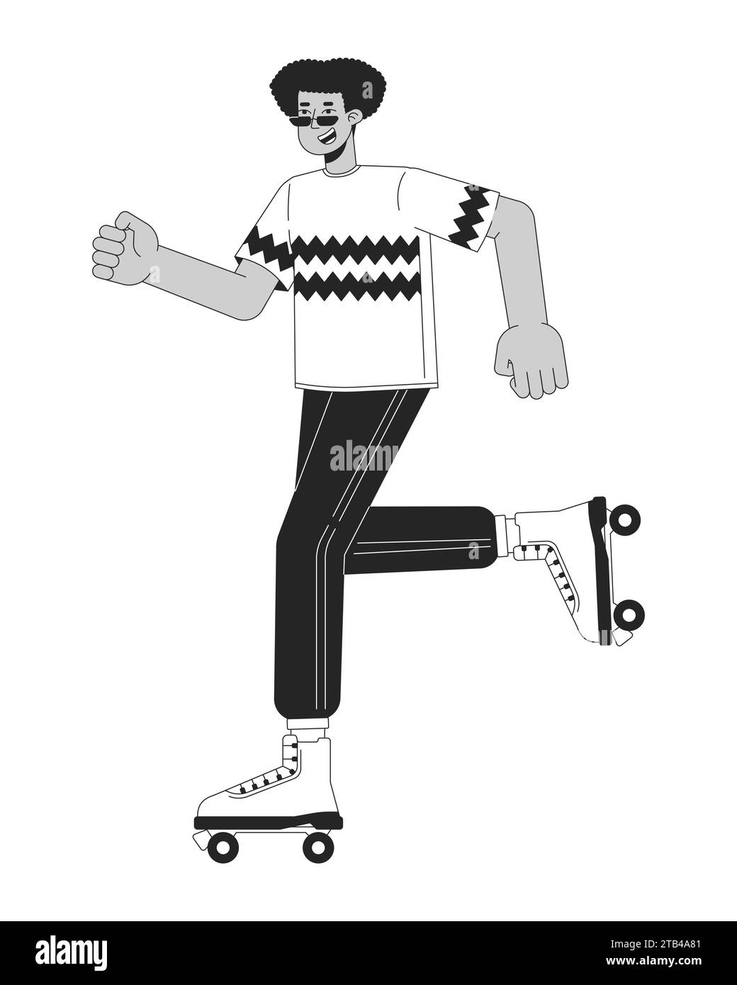 80s skater rollerblading black and white cartoon flat illustration