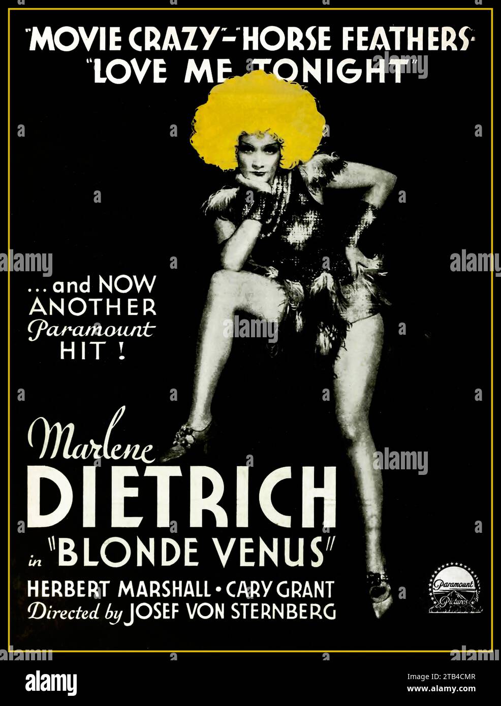 'Blonde Venus'  MARLENE DIETRICH Vintage movei poster 1932 American pre-Code drama film starring Marlene Dietrich, Herbert Marshall and Cary Grant. It was produced, edited and directed by Josef von Sternberg from a screenplay by Jules Furthman and S. K. Lauren, adapted from a story by Furthman and von Sternberg. The original story 'Mother Love' was written by Dietrich herself. The musical score was by W. Franke Harling, John Leipold, Paul Marquardt and Oscar Potoker, with cinematography by Bert Glennon. Stock Photo