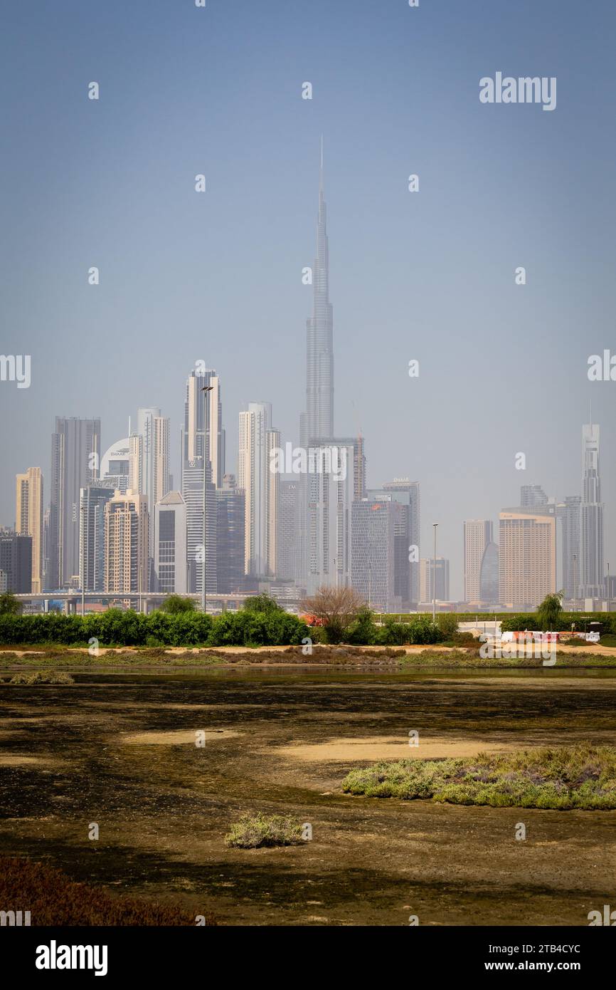 Dubai, UAE, 18.09.22. Dubai Downtown skyline landscape with the skyscrapers, Burj Khalifa and Ras al Khor mangrove forests and wetlands. Stock Photo