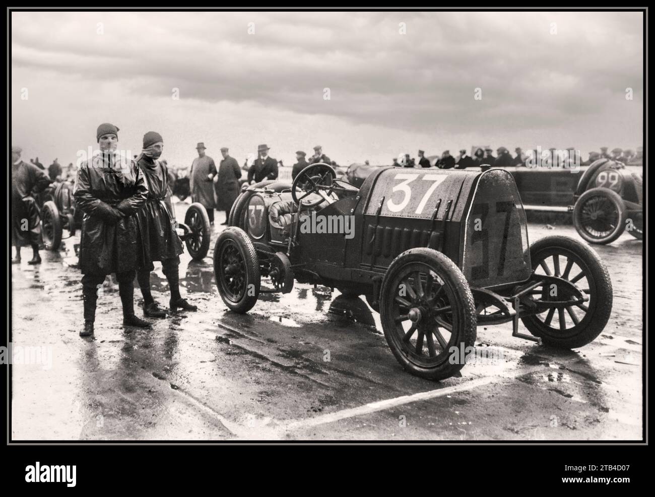 FRENCH GRAND PRIX GRID 1912 David Bruce Brown in his Fiat No.37 at the wet vintage motor race 1912 French Grand Prix at Dieppe France Stock Photo