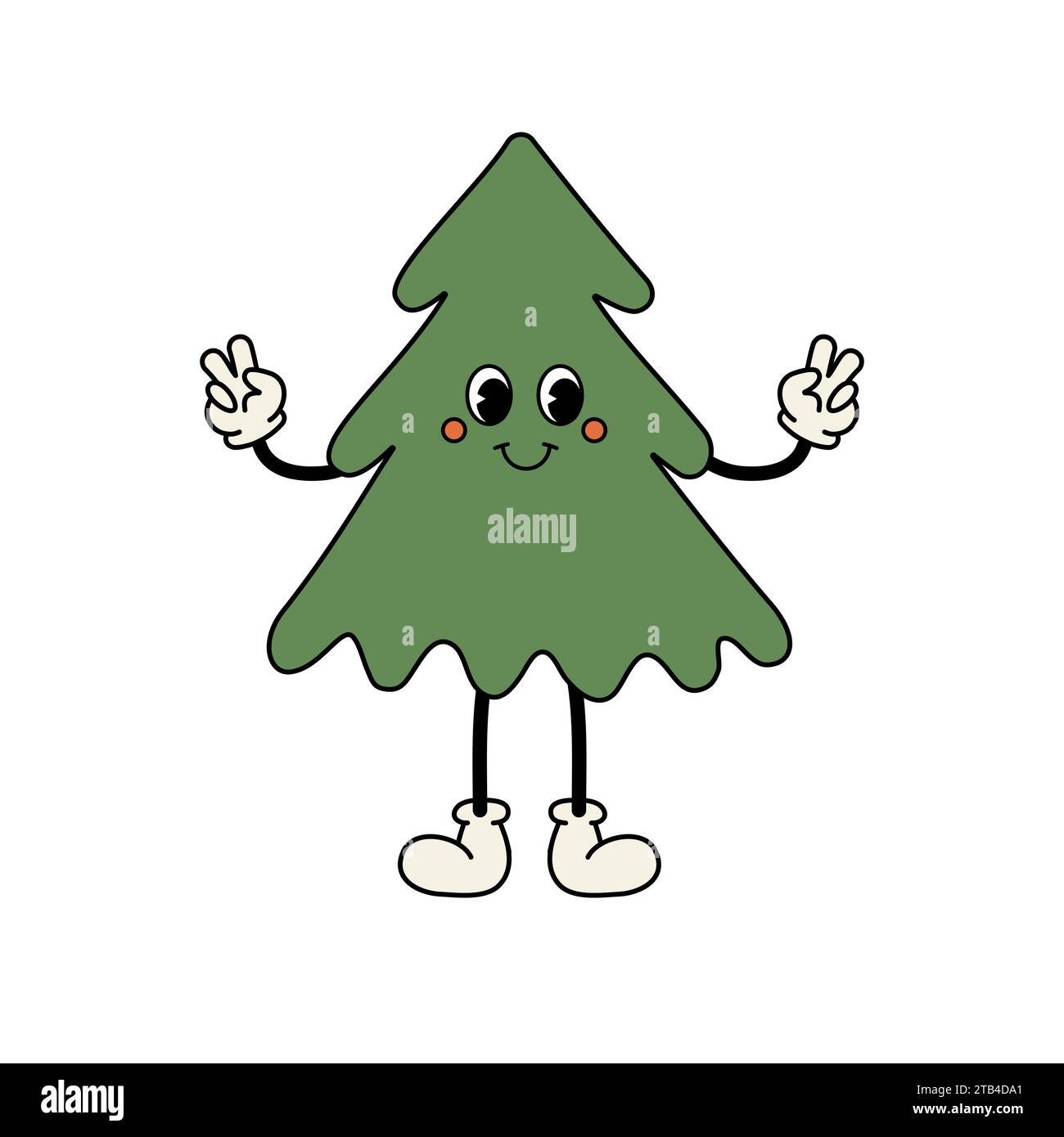 Vector groovy retro cartoon Christmas tree isolated on white background ...