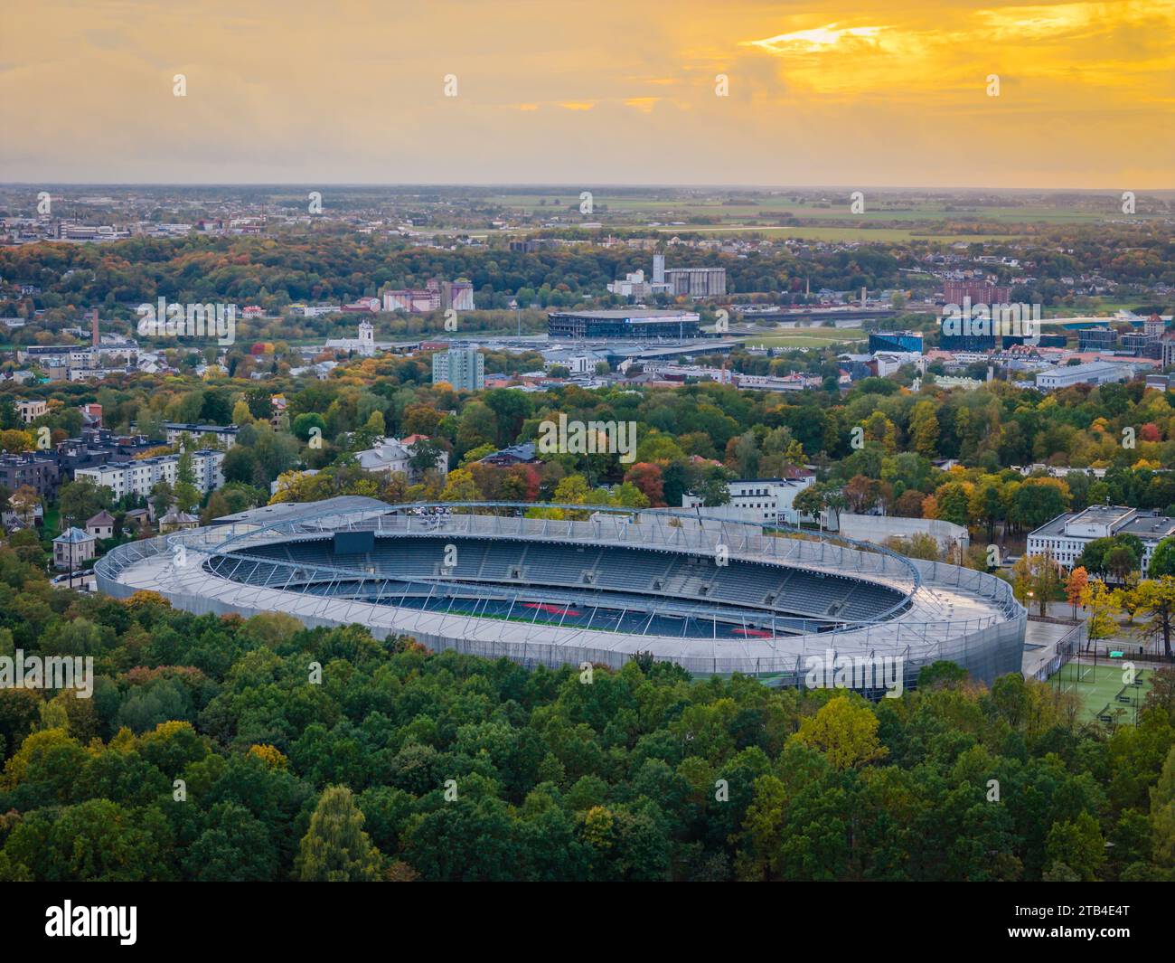 Aerial sunset view of newly reconstructed Kaunas Darius and Girenas