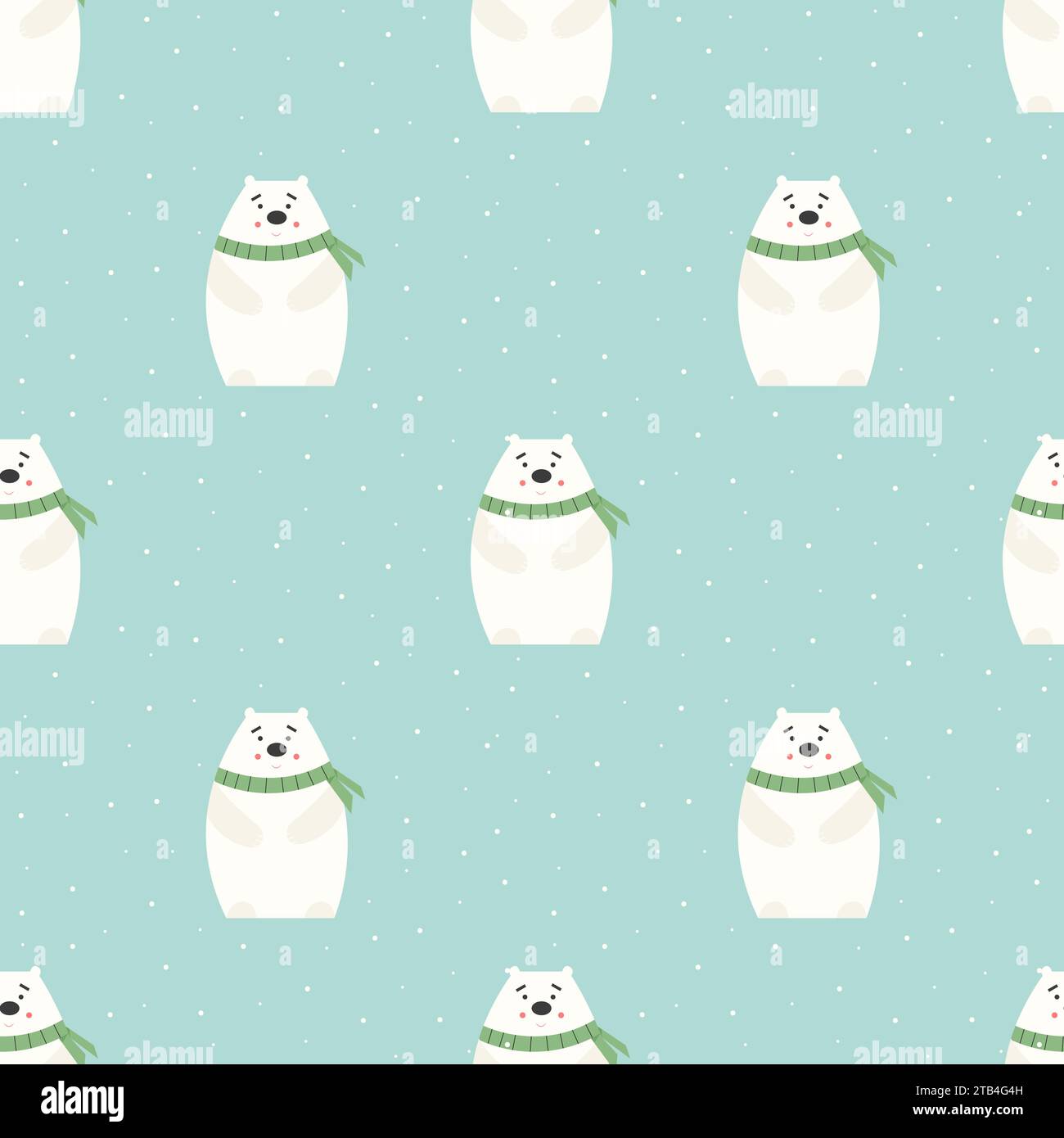 Winter seamless pattern with cute white bear in a knitted scarf under the falling snow, with changeable background color. Vector flat illustration for Stock Vector
