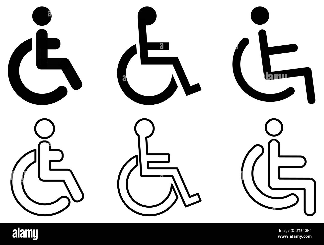 Simple disabled icon, person in wheelchair pictogram. Three filled and outline versions Stock Vector