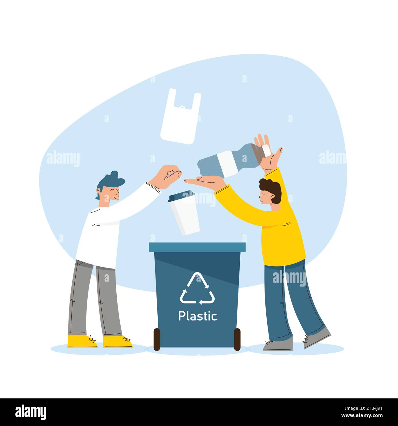 People putting plastic trash into recycling bin. Sorting garbage