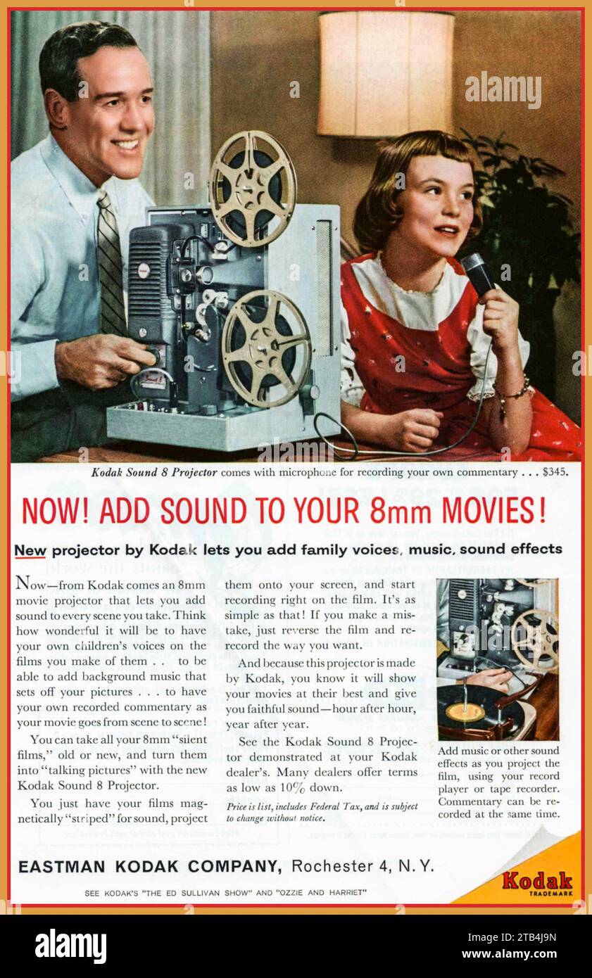 Vintage 8mm Kodak Film 1960s Advertisement, for the 'KODAK SOUND 8 PROJECTOR' Eastman Kodak Company Rochester New York USA. Latest Home Movies technology for adding sound to 8mm colour cine movie film USA Stock Photo