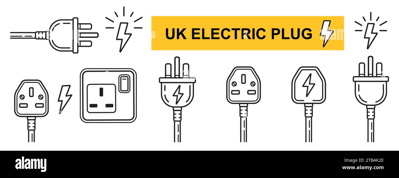 UK electric plug socket, British electrical power outlet line icon set. English three pin ac cable. Electricity energy. Electro equipment wire. Vector Stock Vector