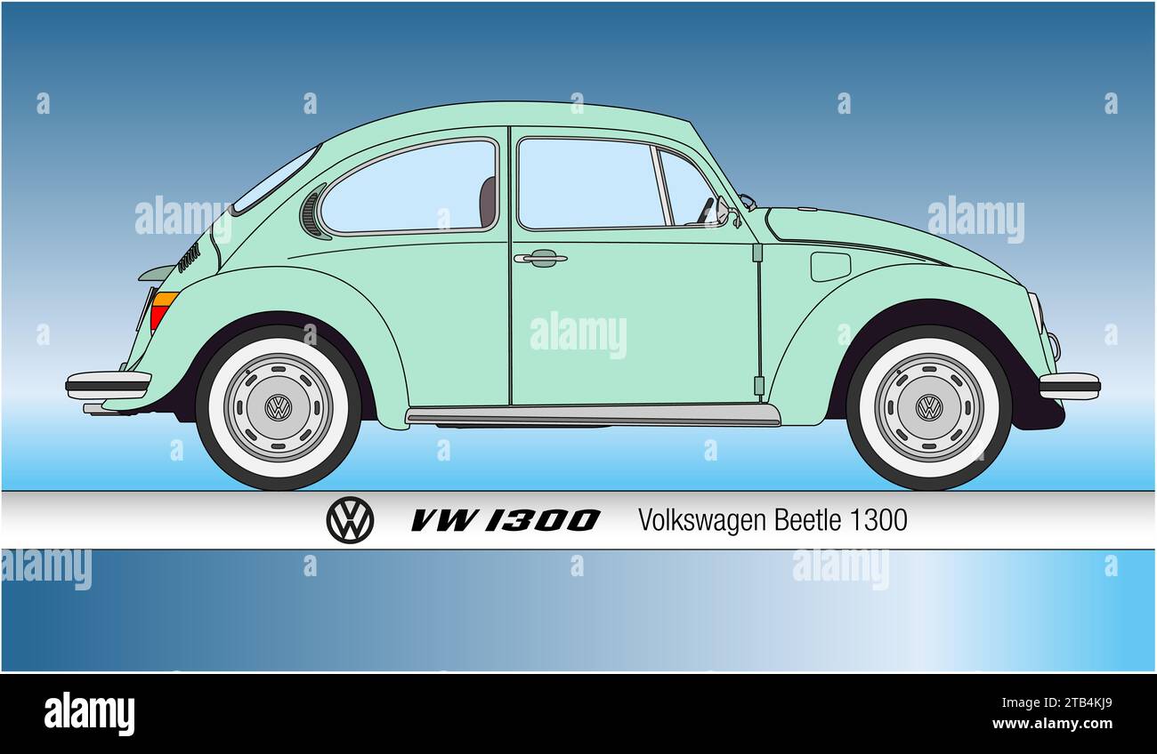 Germany, year 1972, Volkswagen Beetle VW1303, silhouette vintage classic car, coloured illustration Stock Photo