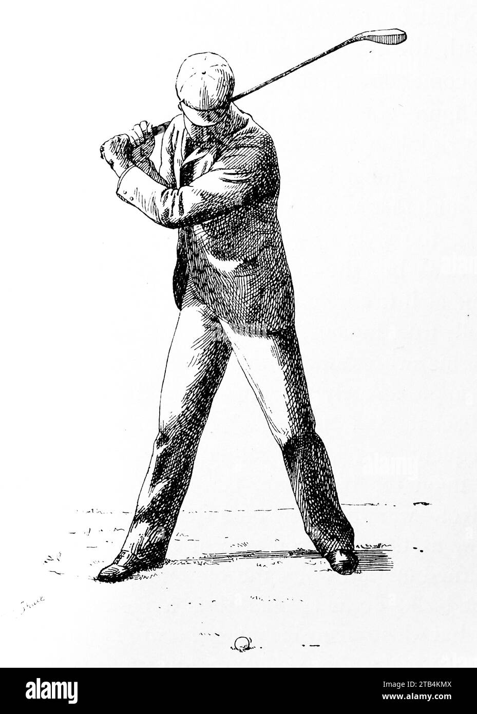 At the Top of the Swing (as it should not be), by E.L. Shute. From an illustration about golf, dating from 1889 to 1901. The history of golf is a long one. Though its origins are disputed, historians are generally agreed that what is known as “modern” golf began in the Middle Ages in Scotland. It was not until the mid to late nineteenth century that this sport became more popular in wider Britain, the British Empire and then the United States. Over the years the humble golf ball and golf club have changed vastly. Stock Photo