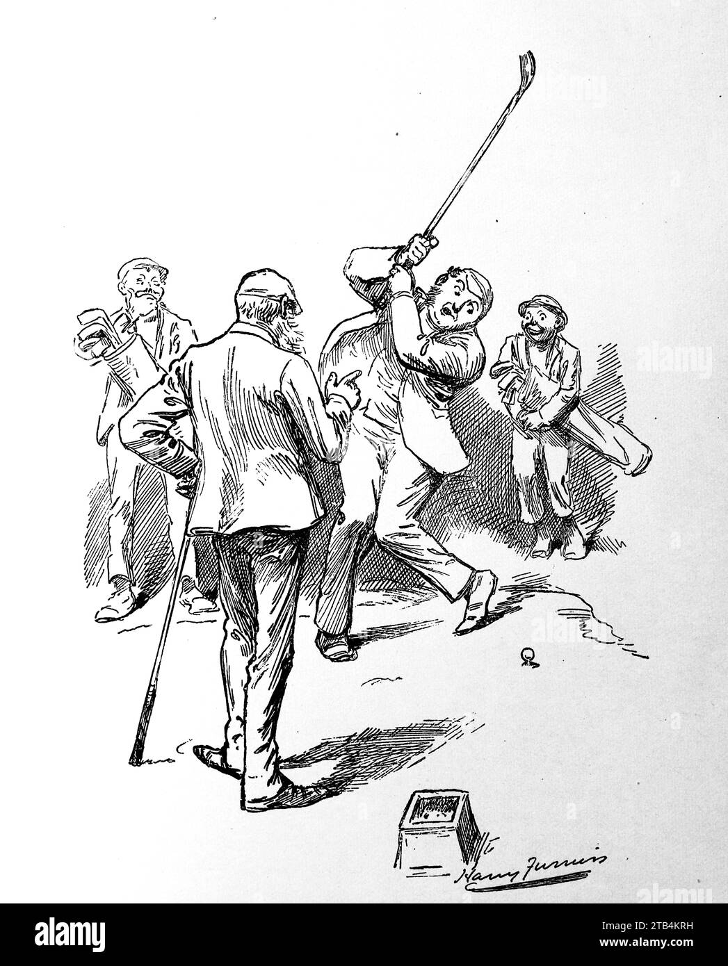 The “Headsman” Style, by H. Furniss. From an illustration about golf, dating from 1889 to 1901. The history of golf is a long one. Though its origins are disputed, historians are generally agreed that what is known as “modern” golf began in the Middle Ages in Scotland. It was not until the mid to late nineteenth century that this sport became more popular in wider Britain, the British Empire and then the United States. Over the years the humble golf ball and golf club have changed vastly. Stock Photo