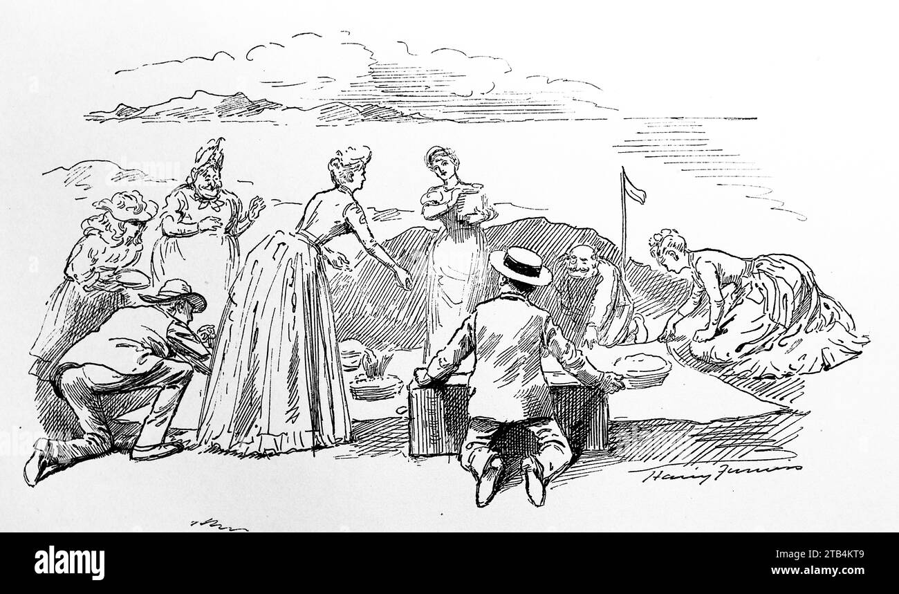 The Picnic on the Putting Green, by H. Furniss. From an illustration about golf, dating from 1889 to 1901. The history of golf is a long one. Though its origins are disputed, historians are generally agreed that what is known as “modern” golf began in the Middle Ages in Scotland. It was not until the mid to late nineteenth century that this sport became more popular in wider Britain, the British Empire and then the United States. Over the years the humble golf ball and golf club have changed vastly. Stock Photo