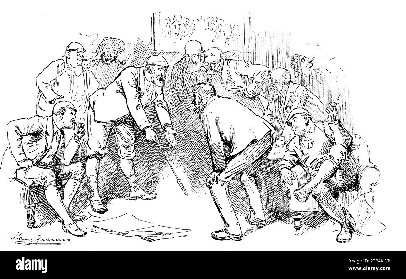 Fighting Their Battle Over Again, by H. Furniss. Fighting Their Battle Over Again, by H. Furniss. Fighting Their Battle Over Again, by H. Furniss. From an illustration about golf, dating from 1889 to 1901. The history of golf is a long one. Though its origins are disputed, historians are generally agreed that what is known as “modern” golf began in the Middle Ages in Scotland. It was not until the mid to late nineteenth century that this sport became more popular in wider Britain, the British Empire and then the United States. Over the years the humble golf ball and golf club have changed vast Stock Photo