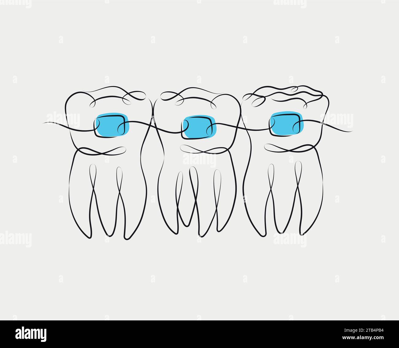 Teeth with braces illustration drawing in linear style on white and