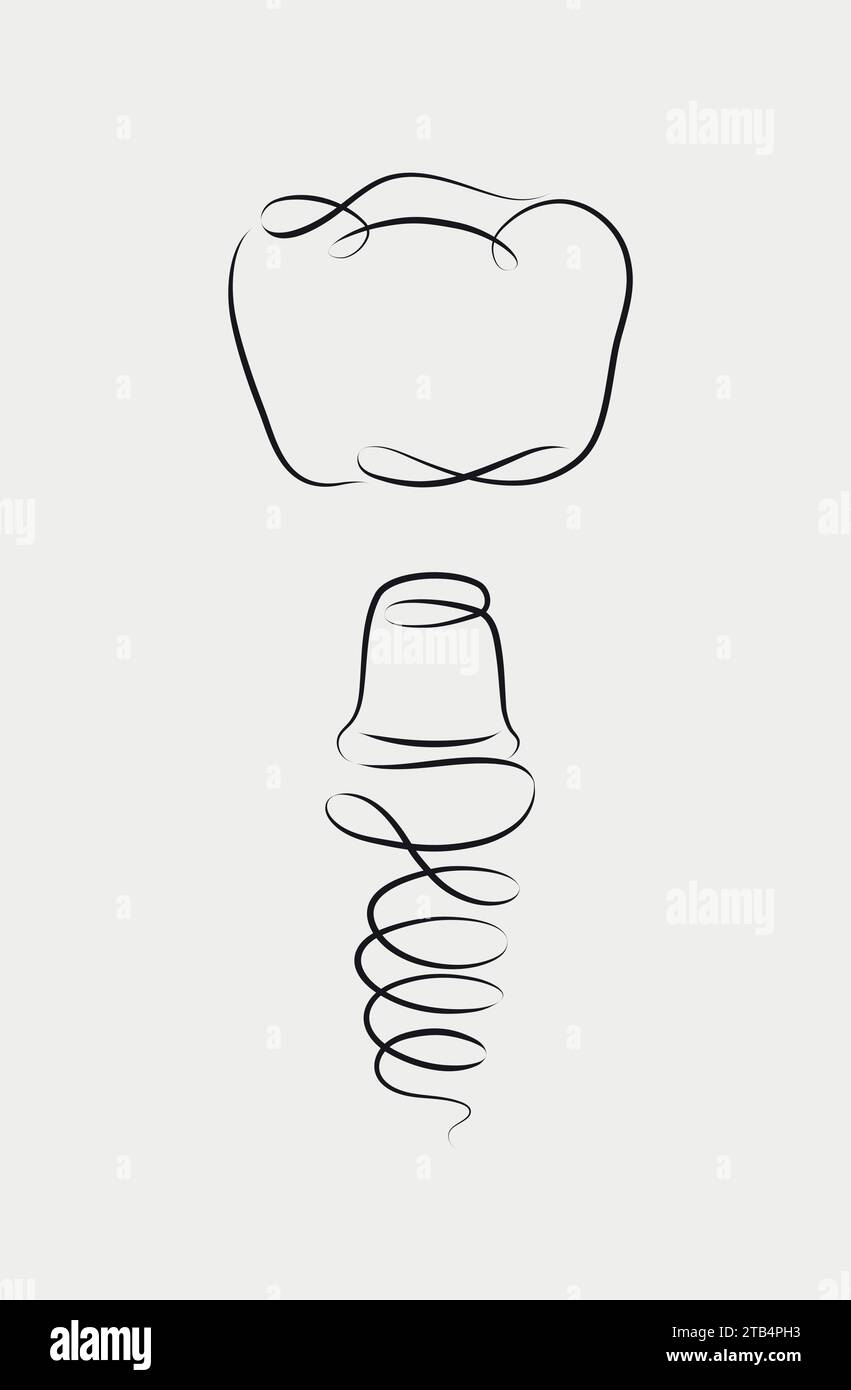 Undocked implant and dental crown in linear style drawing on white ...