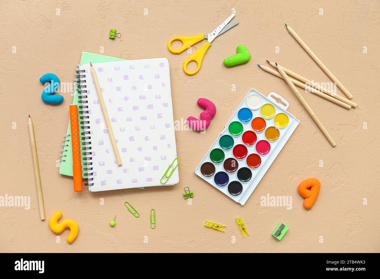 Composition with different school supplies on color background Stock Photo