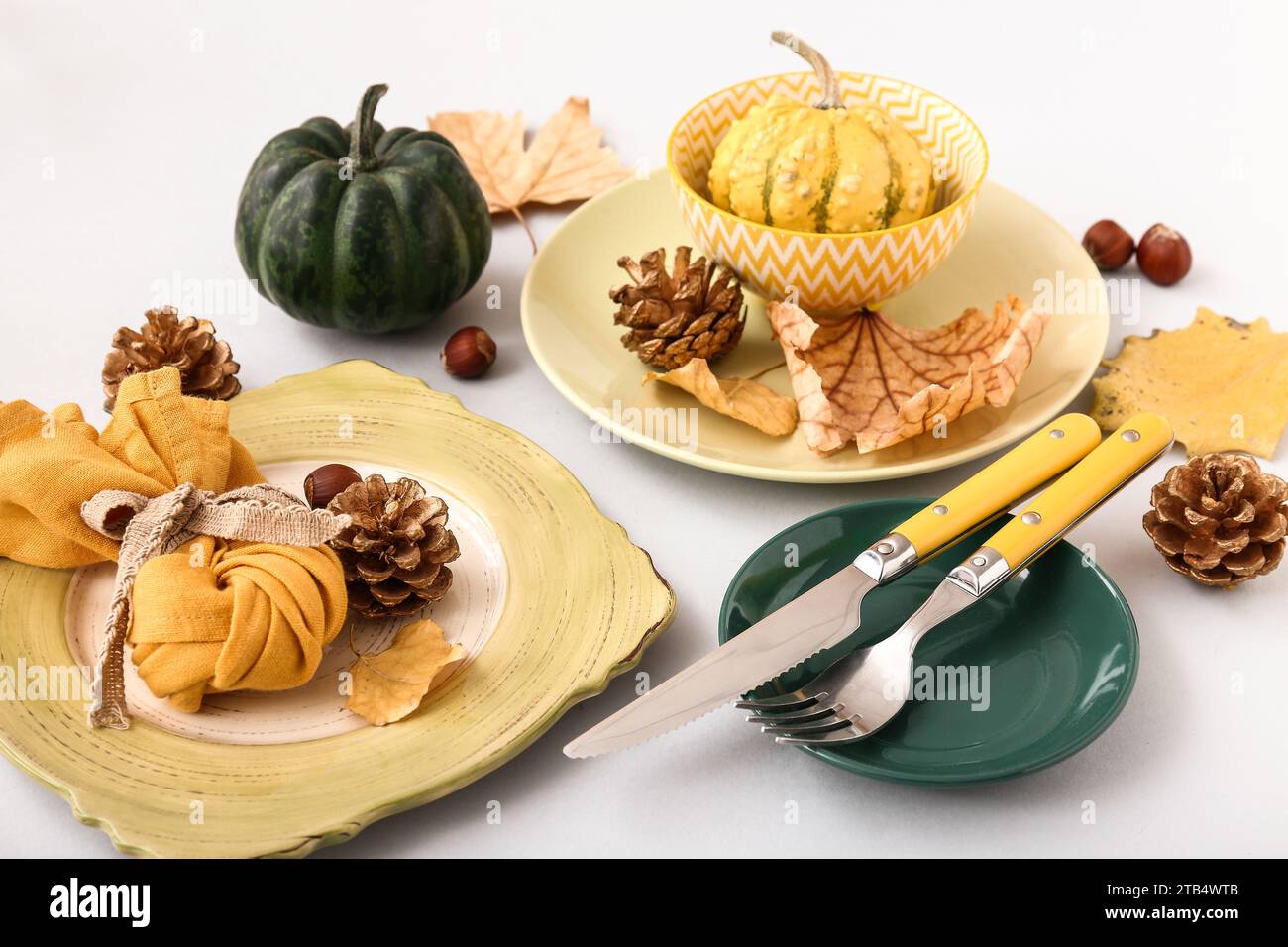 Autumn table setting with pumpkins, cones and dried leaves on white ...